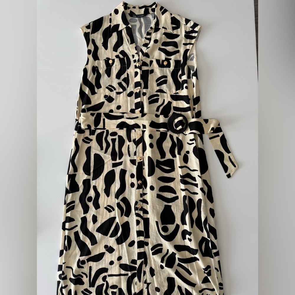 Zara Black and Cream Abstract Midi Dress